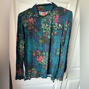 Johnny Was Teal Floral Long Sleeve Top